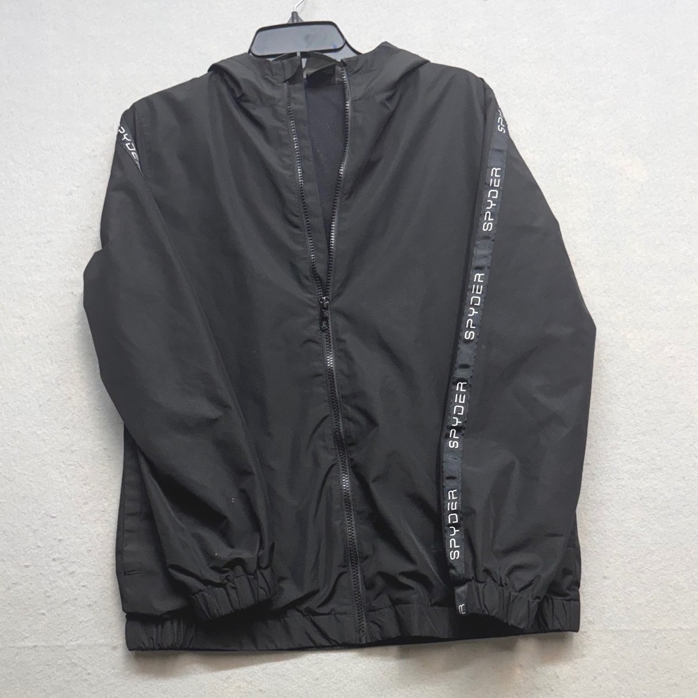 Spyder Windbreaker Jacket Mens M Black Full Zip Hooded Logo Tape Lightweight